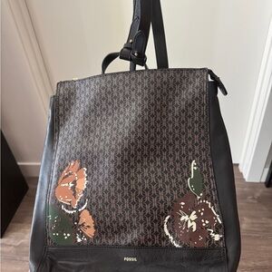 Fossil Brown and Black Backpack with Floral Design